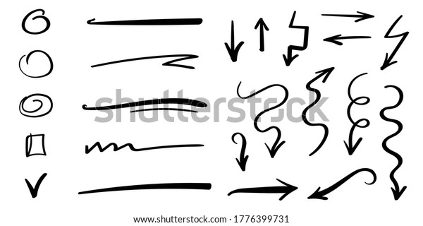 Set of vector brush lines,\
underlines, circles, signs. Hand-drawn collection of doodle style\
various shapes. Elements isolated on white. Vector\
illustration