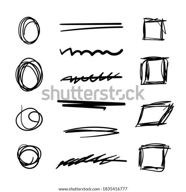 Set of vector brush lines,\
underlines, circles, squares, signs. Hand-drawn collection of\
doodle style various shapes. Isolated on white. Vector\
illustration