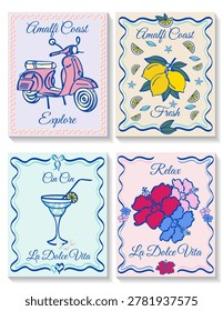 Set of vector brush posters of the Amalfi Coast in Italy featuring a scooter, cocktail, lemon and flowers.