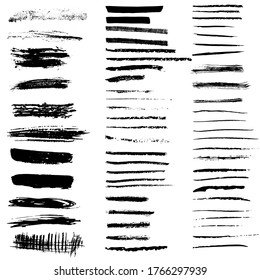 Set of vector brush strokes and banners. Hand-drawn ink strips, prints, textures. Isolated on white background. Black dirty texture. Design elements