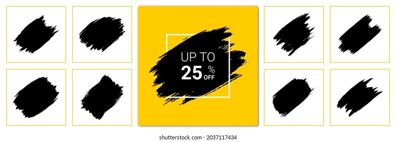 Set of Vector brush strokes black backgrounds. Artistic hand paint textures, splatters, paintbrushes, lines, artistic design elements.
