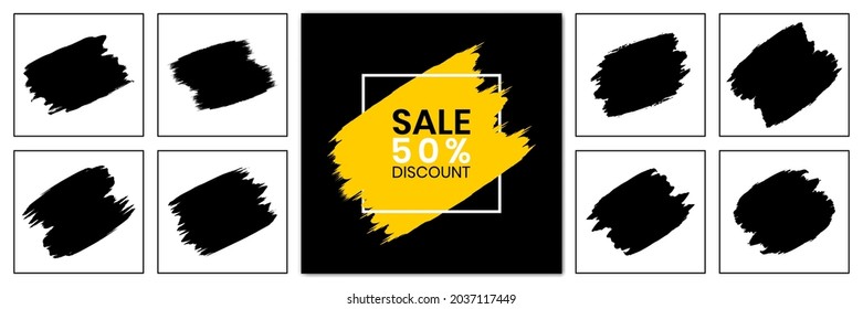 Conjunto de pincel vectorial pincha fondo negro. Texturas artísticas de pintura a mano, salpicaduras, pinceles, líneas, elementos de diseño artístico.