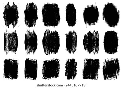 Set of vector brush strokes. Black paint, ink brush stroke, brush, line or texture. Dirty artistic design element, box, frame or background for text.