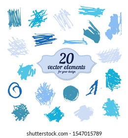 set of vector brush strokes and circles of paint on white background 