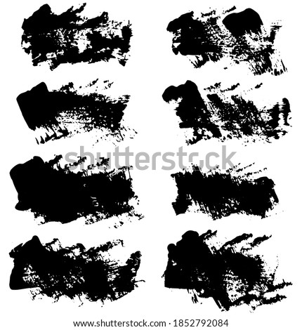 Set of vector brush strokes. Dirty ink texture splatters. Grunge rectangle text boxes	
