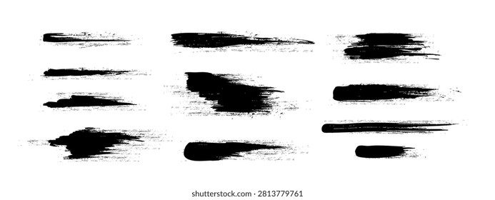 Set of vector brush strokes with distressed texture. Vertical black brush strokes of various shapes, widths and lengths with dry brush, distressed and grunge pattern effects.