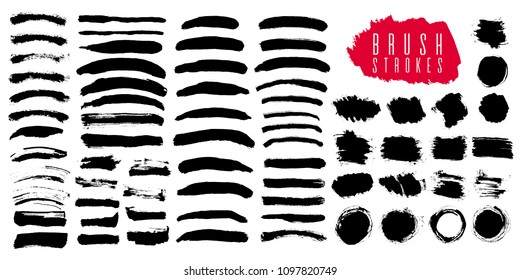 Set vector of brush strokes to insert text. Grunge elements of design. Drawing illustration. Black color in white background. Graphic style.