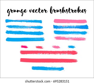 Set of vector brush strokes, pink, blue hand painted ink lines. Textured rough acrylic stickers, grungy creative stains or shapes. Abstract vector watercolor splatter, modern drawing, freehand smears.