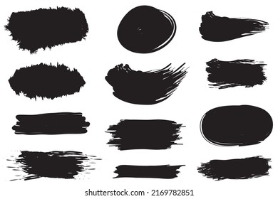 Set of vector brush strokes, various shapes. Lines, waves, stripes, rectangles, text background with rough edges. Hand drawn collection of different graphic elements.