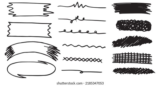 Set of vector brush strokes, various shapes. Lines, waves, stripes, rectangles, text background with rough edges. Hand drawn collection of different graphic elements.