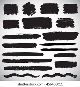 Set Of Vector Brush Strokes, Various Shapes. Line, Wave, Stripe, Rectangle, Text Background With Rough Edges. Collection Of Different Hand Drawn Graphic Elements.