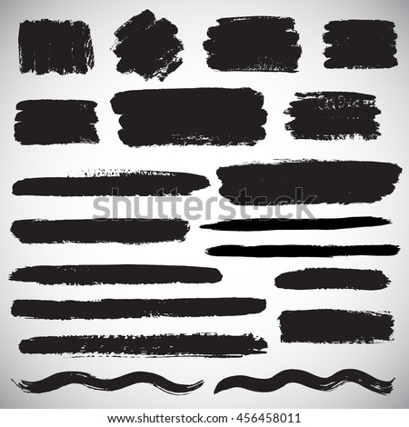 Set of vector brush strokes, various shapes. Line, wave, stripe, rectangle, text background with rough edges. Collection of different hand drawn graphic elements.
