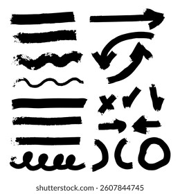 Set of vector brushes, arrows, notes, underlines. Isolated vector illustration of black textured brush strokes