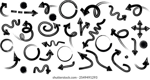 Set of vector brushes, arrows, strokes, circles, circle, different, black color. Vector brush stroke design elements