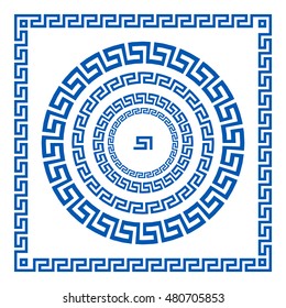 Set of vector brushes to create Greek Meander patterns and samples of their application for round and square frames. Greek borders. Blue color isolated on white background art
