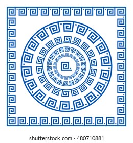 Set of vector brushes to create Greek Meander patterns and samples of their application for round and square frames. Greek borders. Blue color isolated on white background art