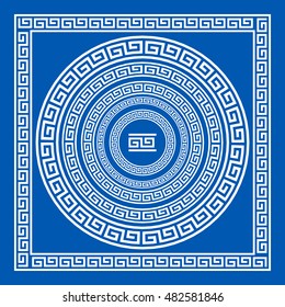 Set of vector brushes to create Greek Meander patterns and samples of their application for round and square frames. Greek borders. Blue color isolated on white background