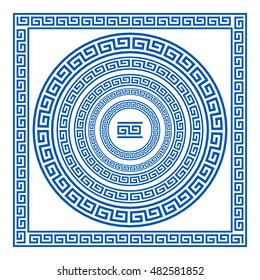 Set of vector brushes to create Greek Meander patterns and samples of their application for round and square frames. Greek borders. Blue color isolated on white background