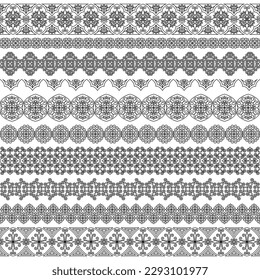 Set of vector brushes with fancy oriental ornament. For book page design, text decoration, invitations, greeting cards, certificates, borders, frames. Narrow, wide brushes. Repeating seamless pattern