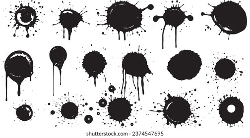 Set of vector brushes. Mega pack set of different brush strokes: black ink splatter, blots, round freehand drawings, grungy drawn lines, waves, circles, triangles, art design elements - Vector