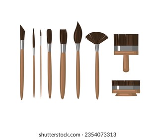 Set of vector brushes on white background. Painter  equipment. Great element for your design. Workplace, set of tools, hobby concept.