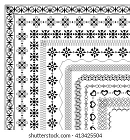  Set of vector brushes with outer corner elements in modern and vintage styles to create borders, frames for invitations, birthday and greeting cards. 