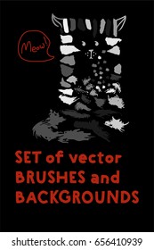 Set of vector brushes and text backgrounds or banners arranged in a funny cat illustration. Funky hand painted grunge hipster or memphis design elements. Little logo freehand paint or ink backgrounds.