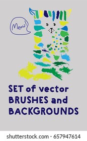 Set of vector brushes and text backgrounds or banners arranged in a funny cat illustration. Funky hand painted grunge hipster or memphis design elements. Little logo freehand paint or ink backgrounds.