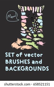 Set of vector brushes and text backgrounds or banners arranged in a funny cat illustration. Funky hand painted grunge hipster or memphis design elements. Little logo freehand paint or ink backgrounds.