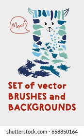 Set of vector brushes and text backgrounds or banners arranged in a funny cat illustration. Funky hand painted grunge hipster or memphis design elements. Little logo freehand paint or ink backgrounds.