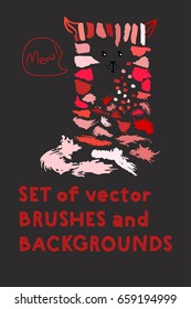 Set of vector brushes and text backgrounds or banners arranged in a funny cat illustration. Funky hand painted grunge hipster or memphis design elements. Little logo freehand paint or ink backgrounds.