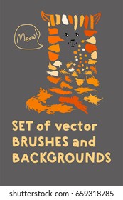 Set of vector brushes and text backgrounds or banners arranged in a funny cat illustration. Funky hand painted grunge hipster or memphis design elements. Little logo freehand paint or ink backgrounds.