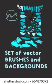 Set of vector brushes and text backgrounds or banners arranged in a funny cat illustration. Funky hand painted grunge hipster or memphis design elements. Little logo freehand paint or ink backgrounds.