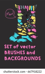 Set of vector brushes and text backgrounds or banners arranged in a funny cat illustration. Funky hand painted grunge hipster or memphis design elements. Little logo freehand paint or ink backgrounds.