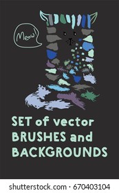 Set of vector brushes and text backgrounds or banners arranged in a funny cat illustration. Funky hand painted grunge hipster or memphis design elements. Little logo freehand paint or ink backgrounds.