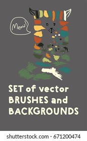 Set of vector brushes and text backgrounds or banners arranged in a funny cat illustration. Funky hand painted grunge hipster design elements. Little logo freehand paint or ink backgrounds.