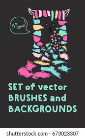 Set of vector brushes and text backgrounds or banners arranged in a funny cat illustration. Funky hand painted grunge hipster or memphis design elements. Little logo freehand paint or ink backgrounds.