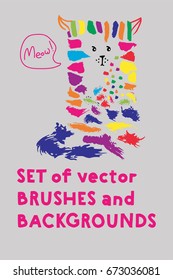 Set of vector brushes and text backgrounds or banners arranged in a funny cat illustration. Funky hand painted grunge hipster or memphis design elements. Little logo freehand paint or ink backgrounds.