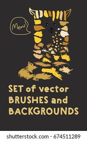Set of vector brushes and text backgrounds or banners arranged in a funny cat illustration. Funky hand painted grunge hipster or memphis design elements. Little logo freehand paint or ink backgrounds.