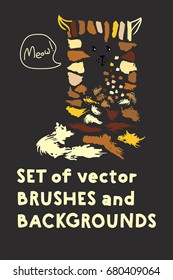 Set of vector brushes and text backgrounds or banners arranged in a funny cat illustration. Funky hand painted grunge hipster or memphis design elements. Little logo freehand paint or ink backgrounds.