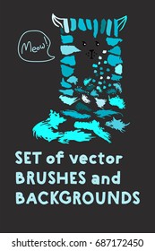 Set of vector brushes and text backgrounds or banners arranged in a funny cat illustration. Funky hand painted grunge hipster or memphis design elements. Little logo freehand paint or ink backgrounds.