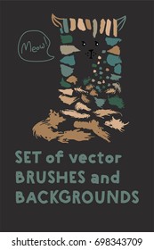 Set of vector brushes and text backgrounds or banners arranged in a funny cat illustration. Funky hand painted grunge hipster or memphis design elements. Little logo freehand paint or ink backgrounds.