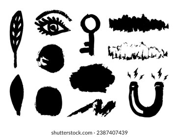 Set of vector brushes. Text frames and grunge patches. Highly detailed abstract vector backgrounds. Eye, key, leaf, magnet