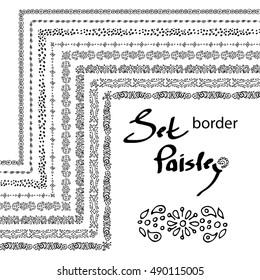 Set of vector brushes.Hand-drawing of borders with corner elements. Border style sketch. Paisley elements.