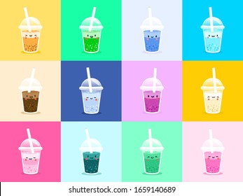 Set Vector Bubble Tea, tapioca milk tea. Pearl milk tea, Bubble Tea is Taiwanese famous and popular drink. Boba and small boba. Kawaii Character Boba. The adorable face emoticon with so many colors. 