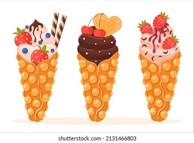 Set of Vector bubble waffle. Hong Kong wafer or egg waffle with sweet ripe raspberries, strawberry, cherry, vanilla cream and chocolate. Gourmet dessert food, delicious restaurant meal, snack.