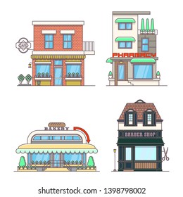 Set of vector building facades. Cafe, Pharmacy, Bakery, Barber shop. Flat style.