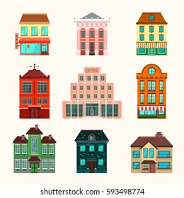 Set of vector buildings and houses in flat style