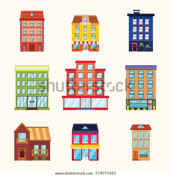 Set Vector Buildings Houses Flat Style Stock Vector (Royalty Free ...