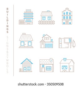 Set of vector buildings icons and concepts in mono thin line style